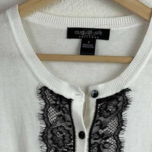 August‎ Silk Women's Size S Button Up Cardigan Ivory With Black Lace Inset - Picture 3 of 9